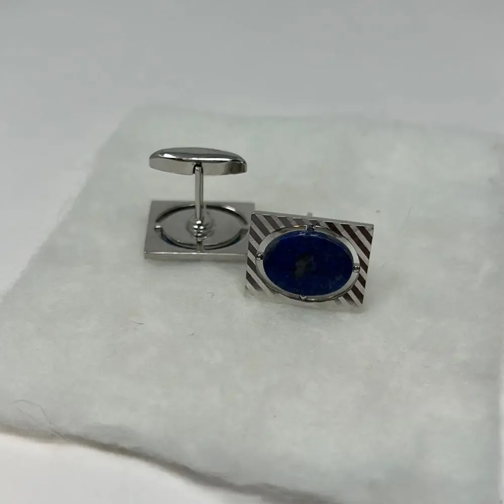 Lapis Blue Stone Set in a Silver Setting Men's Cuff Links
